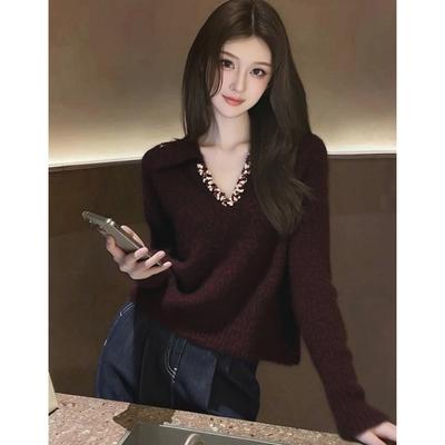 法式复古重工红色翻领亮片毛衣女秋冬慵懒高级感外穿宽松针织上衣