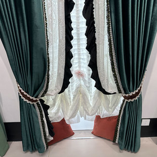 美式复古风墨绿色丝绒窗帘轻奢高级感法式卧室遮光客厅纱帘落地窗
