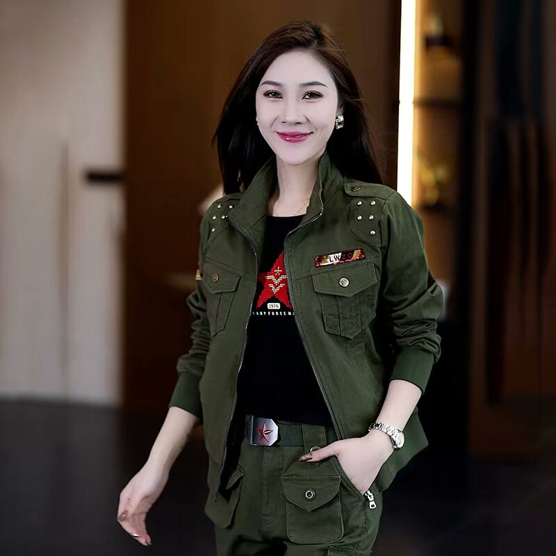 迷彩服女装春秋新款外套工装长裤两件套军绿色户外休闲运动套装