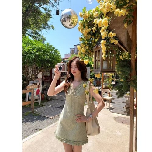 Even一雯【夏日青桃】韩系高智感无袖连衣裙女夏温柔木耳边碎花裙