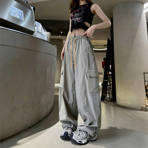 5860-1松紧腰系带宽松休闲工装裤女2026夏季新款轻薄百搭阔腿裤女