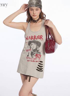 HeyHenry 美式复古印花破洞无袖吊带背心女宽松夏季辣妹外穿上衣