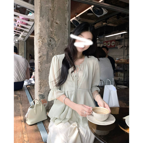 by1171青果小衫对丝系带轻盈衬衣夏季新款上衣