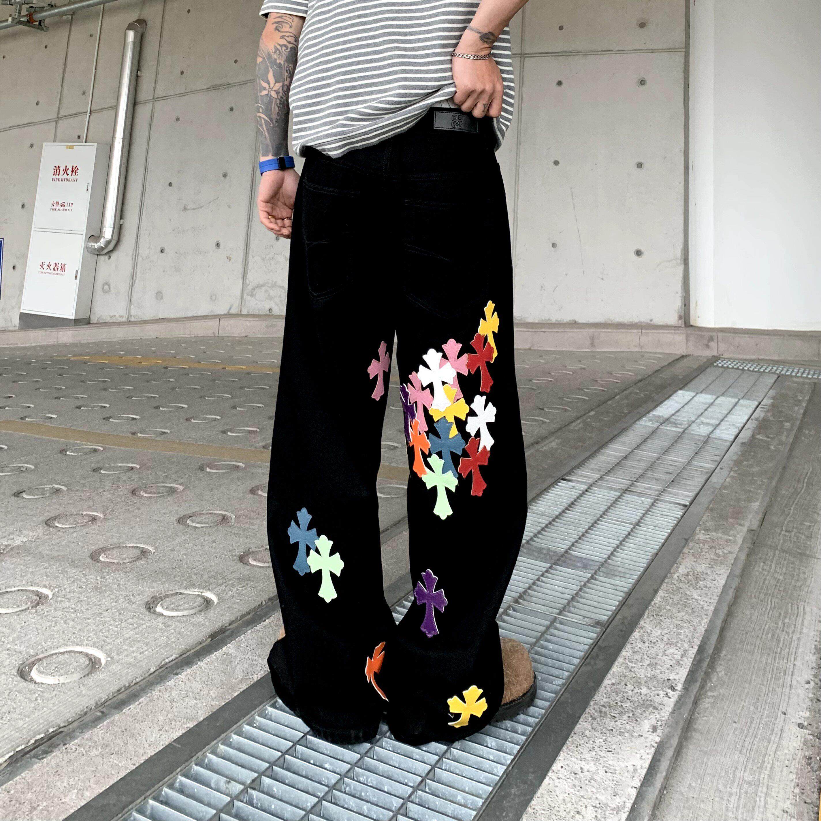 2025春夏季新款慵懒加长彩色拼皮十字架长裤直筒宽松阔腿牛仔裤男