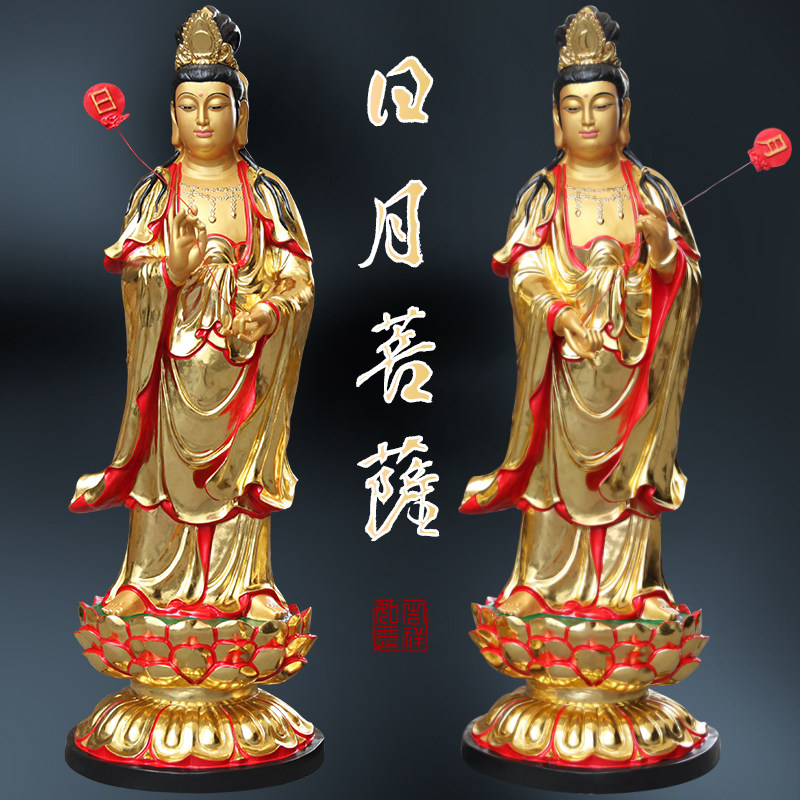 寺庙古彩东方三圣佛像供奉摆件药师佛日光月光神像1米5日月神像