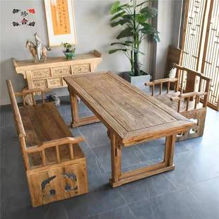 家具吃饭桌家用吧台 老榆木餐桌桌椅家用实木正方形桌子新中式