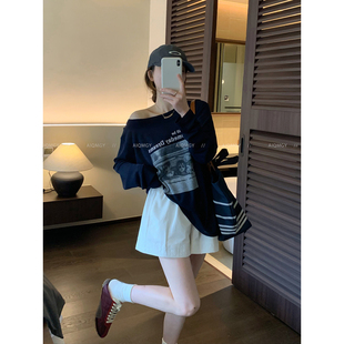 爱情魔鬼鱼 长袖斜领露肩印花T恤女2026春季新款时尚宽松减龄上衣