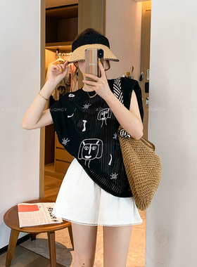 爱情魔鬼鱼 黑色圆领卡通图案针织T恤女2026夏季新款宽松无袖上衣