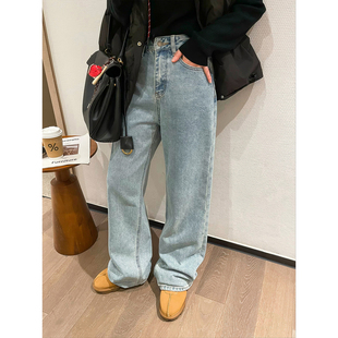 爱情魔鬼鱼 浅蓝色复古阔腿牛仔裤女2025秋冬新款高腰显瘦长裤子