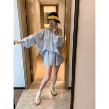 爱情魔鬼鱼 蓝色两件套装女2025年夏季新款长袖露肩上衣+休闲短裤