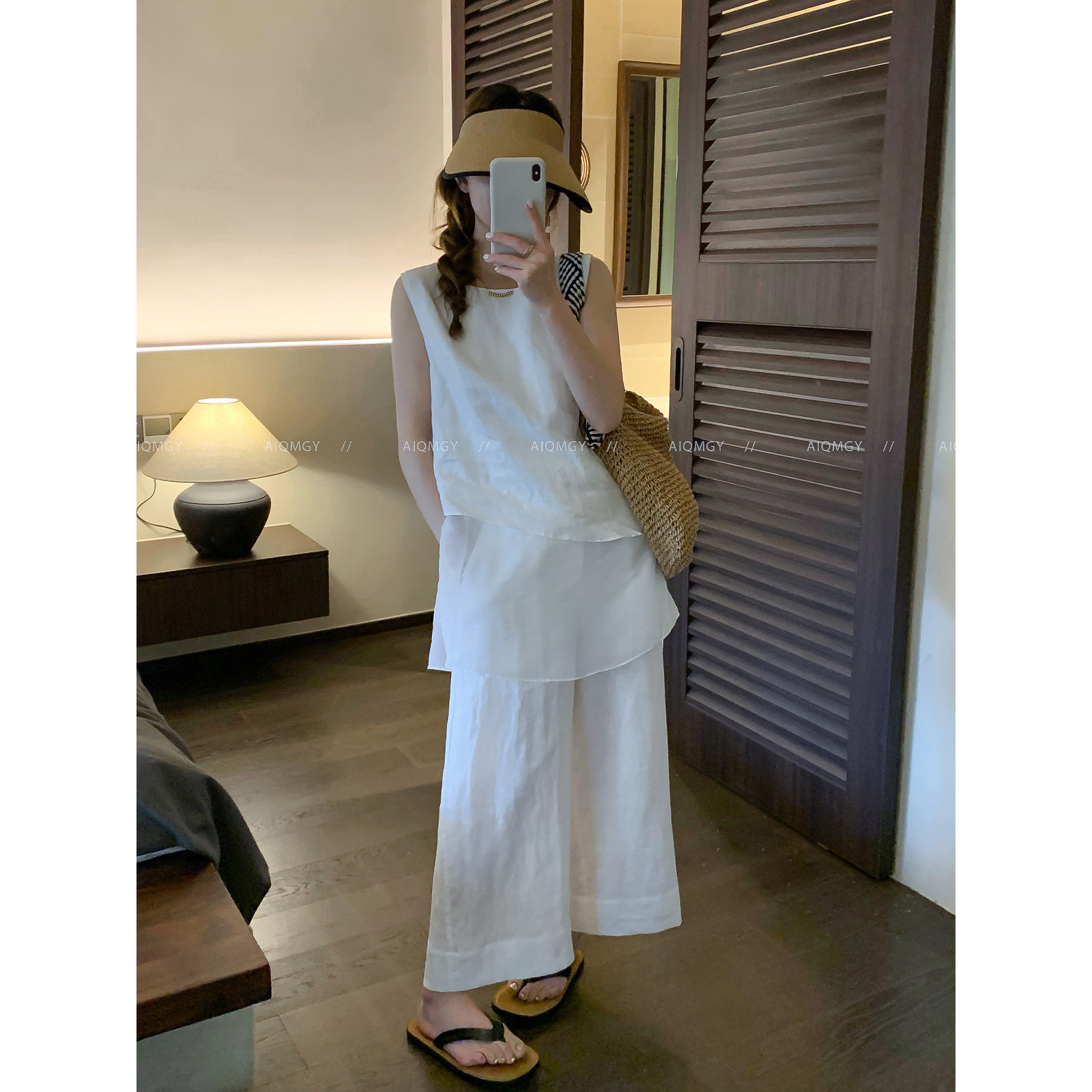 爱情魔鬼鱼 白色时尚套装女2026夏季无袖拼接衬衫阔腿长裤两件套