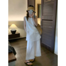 爱情魔鬼鱼 白色时尚套装女2026夏季无袖拼接衬衫阔腿长裤两件套