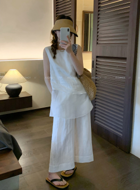 爱情魔鬼鱼 白色时尚套装女2026夏季无袖拼接衬衫阔腿长裤两件套