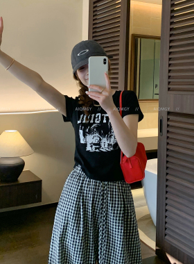 爱情魔鬼鱼 黑色圆领短袖字母印花T恤女2026夏季新款显瘦百搭上衣