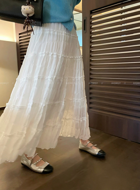 爱情魔鬼鱼 白色褶皱拼接蛋糕半身裙女2026春季新款高腰A字裙长裙
