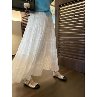 高腰A字裙长裙 新款 爱情魔鬼鱼 白色褶皱拼接蛋糕半身裙女2026春季