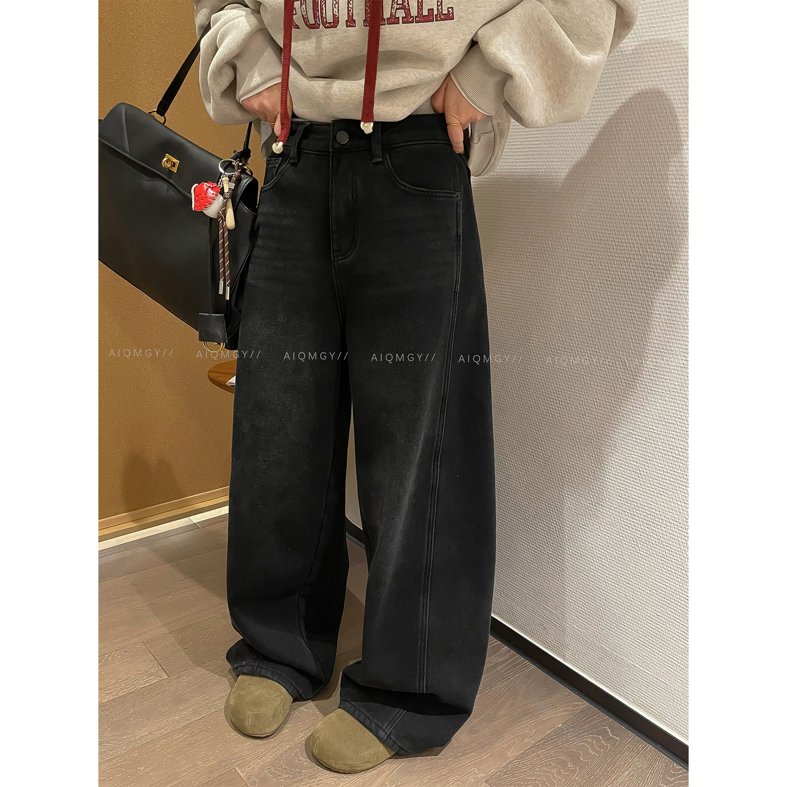爱情魔鬼鱼 黑灰色高腰复古牛仔裤女2025冬季新款宽松休闲阔腿裤,女装/女士精品,牛仔裤,淘宝优惠券,粉丝福利购,淘宝优惠卷
