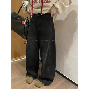 宽松休闲阔腿裤 爱情魔鬼鱼 新款 女2025冬季 黑灰色高腰复古牛仔裤