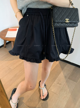 爱情魔鬼鱼 藏蓝色木耳边休闲短裤女2026夏季新款宽松显瘦阔腿裤