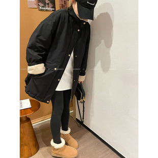新款 加厚派克服女2025年冬季 宽松保暖外套 黑色中长款 爱情魔鬼鱼