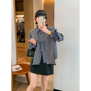 新款 爱情魔鬼鱼 女2026春季 配针织披肩衬衫 宽松休闲上衣 条纹长袖