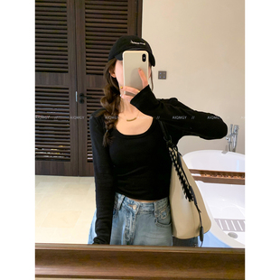 爱情魔鬼鱼 纯色长袖低圆领T恤女2026年春季新款显瘦简约百搭上衣