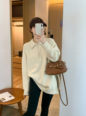 爱情魔鬼鱼 杏色半拉链翻领针织衫女2025年秋冬新款宽松休闲上衣