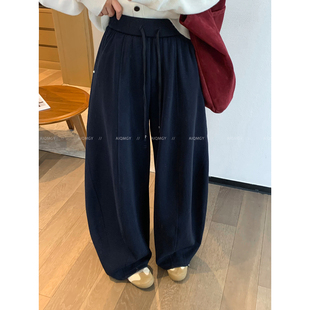 爱情魔鬼鱼 藏蓝色抽绳休闲裤女2026春季宽松阔腿束脚两穿长裤子
