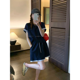 爱情魔鬼鱼 藏蓝色套装女2026夏季新款圆领短袖T恤休闲短裤两件套