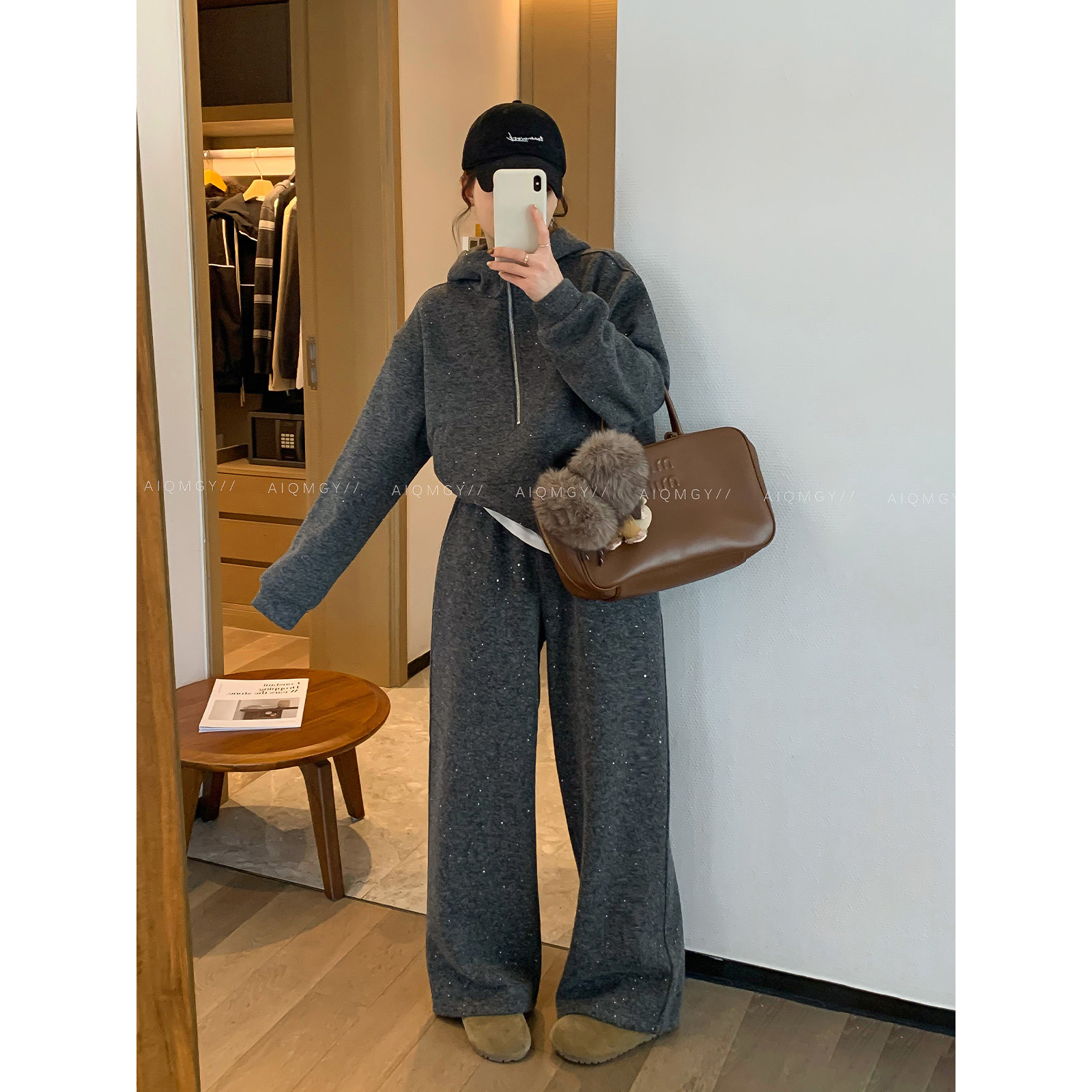 爱情魔鬼鱼 灰色亮片两件套装女2025冬季半拉链连帽卫衣阔腿长裤,女装/女士精品,时尚套装,淘宝优惠券,粉丝福利购,淘宝优惠卷