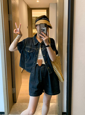 爱情魔鬼鱼 深蓝色牛仔两件套女2026年夏季新款短袖上衣+短裤套装