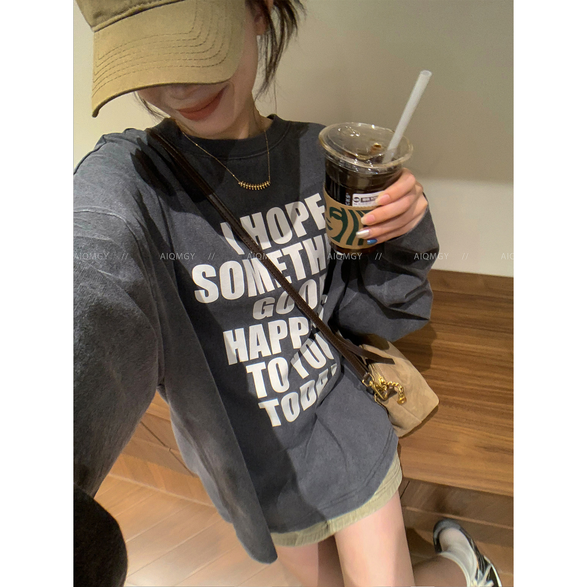 爱情魔鬼鱼 灰色圆领长袖字母印花T恤女2026秋季新款宽松纯棉上衣