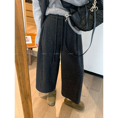 爱情魔鬼鱼 黑灰色抽绳高腰毛呢休闲裤女2025秋冬新款宽松阔腿裤