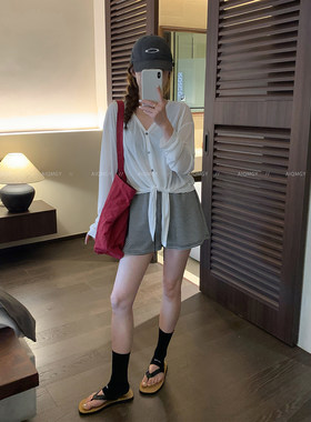 长袖开衫背心条纹短裤三件套