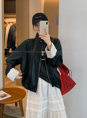 爱情魔鬼鱼 黑色设计感蕾丝拼接皮衣外套女2026春季新款夹克上衣