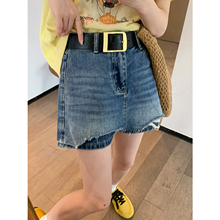 爱情魔鬼鱼 蓝色复古配腰带牛仔裙裤女2025夏季新款高腰显瘦短裤
