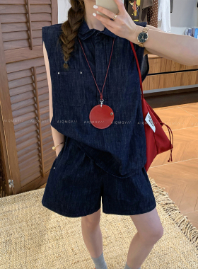 爱情魔鬼鱼 深蓝色套装女2026年夏季新款无袖上衣阔腿短裤两件套