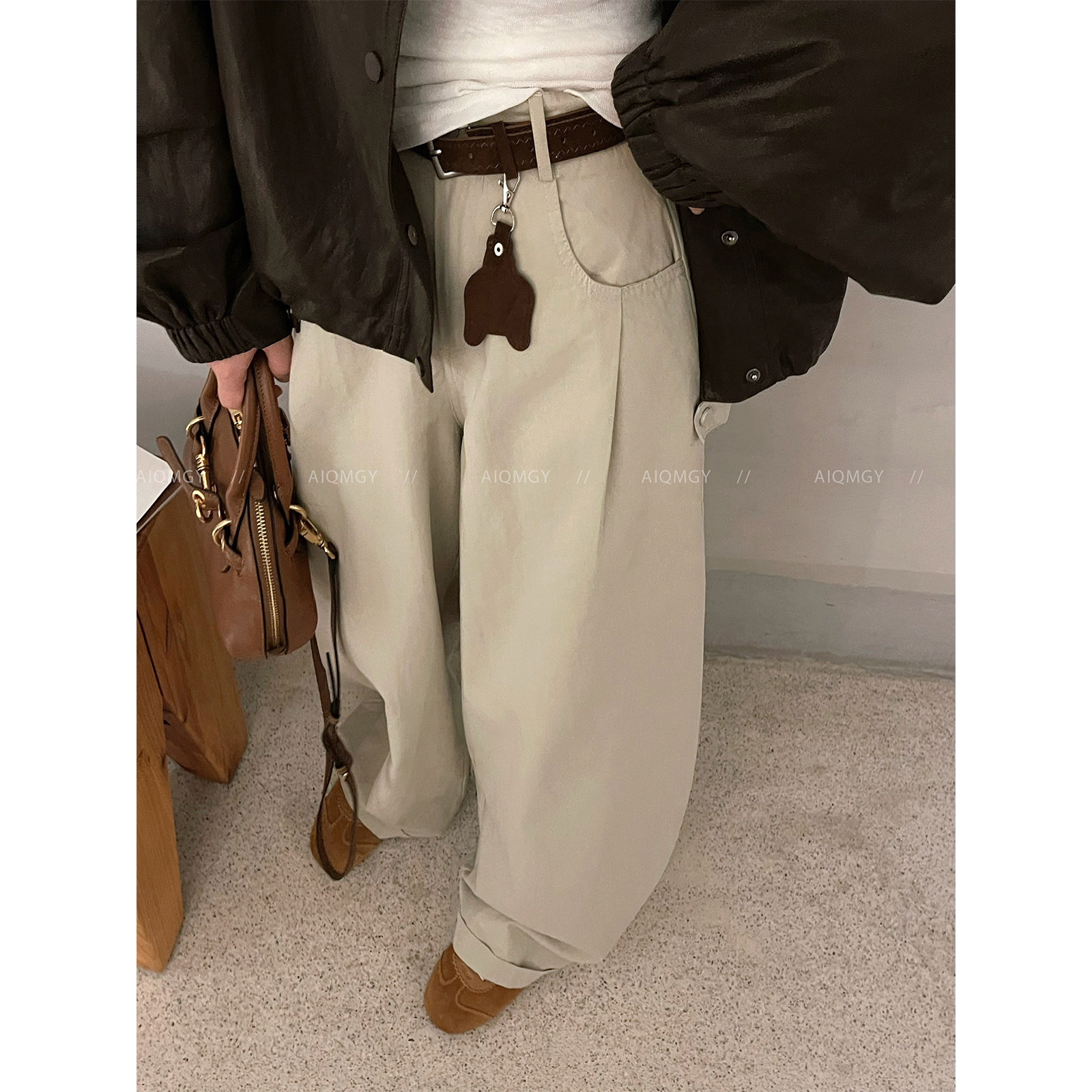 爱情魔鬼鱼 杏色配腰带高腰休闲裤女2025秋冬新款宽松阔腿裤长裤,女装/女士精品,休闲裤,淘宝优惠券,粉丝福利购,淘宝优惠卷