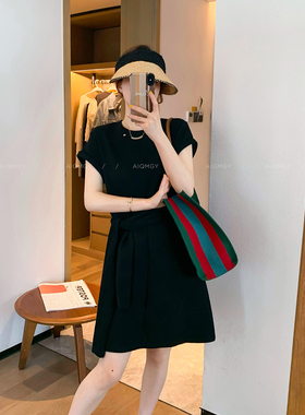 爱情魔鬼鱼 黑色中长款系带连衣裙女2026年夏季新款高腰显瘦T恤裙