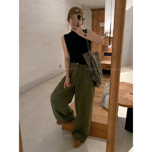 高腰直筒阔腿长裤 爱情魔鬼鱼 新款 女2026夏季 绿色宽松显瘦休闲裤