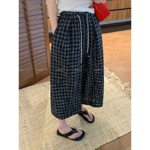 爱情魔鬼鱼 格子抽绳休闲裤女2026年夏季新款高腰显瘦九分阔腿裤