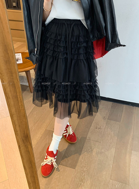 爱情魔鬼鱼 黑色网纱蛋糕半身裙女2026春季新款高腰时尚中长裙子