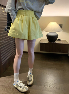 爱情魔鬼鱼 黄色松紧腰休闲短裤女2026夏季新款高腰宽松阔腿热裤