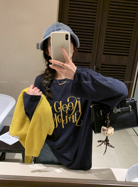 爱情魔鬼鱼 藏蓝色长袖圆领字母T恤女2026春季新款宽松慵懒风上衣