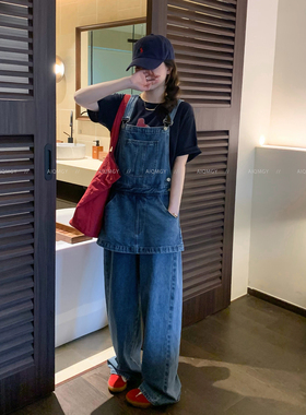 爱情魔鬼鱼 蓝色牛仔背带裤女2026春季新款韩系时尚通勤阔腿长裤