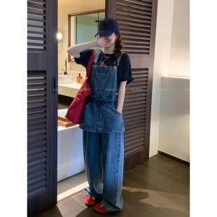 蓝色牛仔背带裤 通勤阔腿长裤 女2026春季 韩系时尚 新款 爱情魔鬼鱼