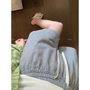 爱情魔鬼鱼 灰色松紧腰抽绳休闲短裤女2026夏季高腰百搭阔腿裤子