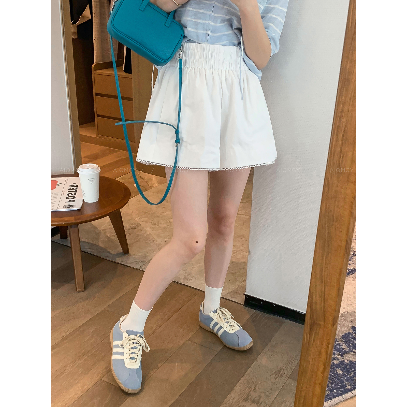 爱情魔鬼鱼 白色松紧腰花边短裤女2025年夏季新款高腰显瘦阔腿裤