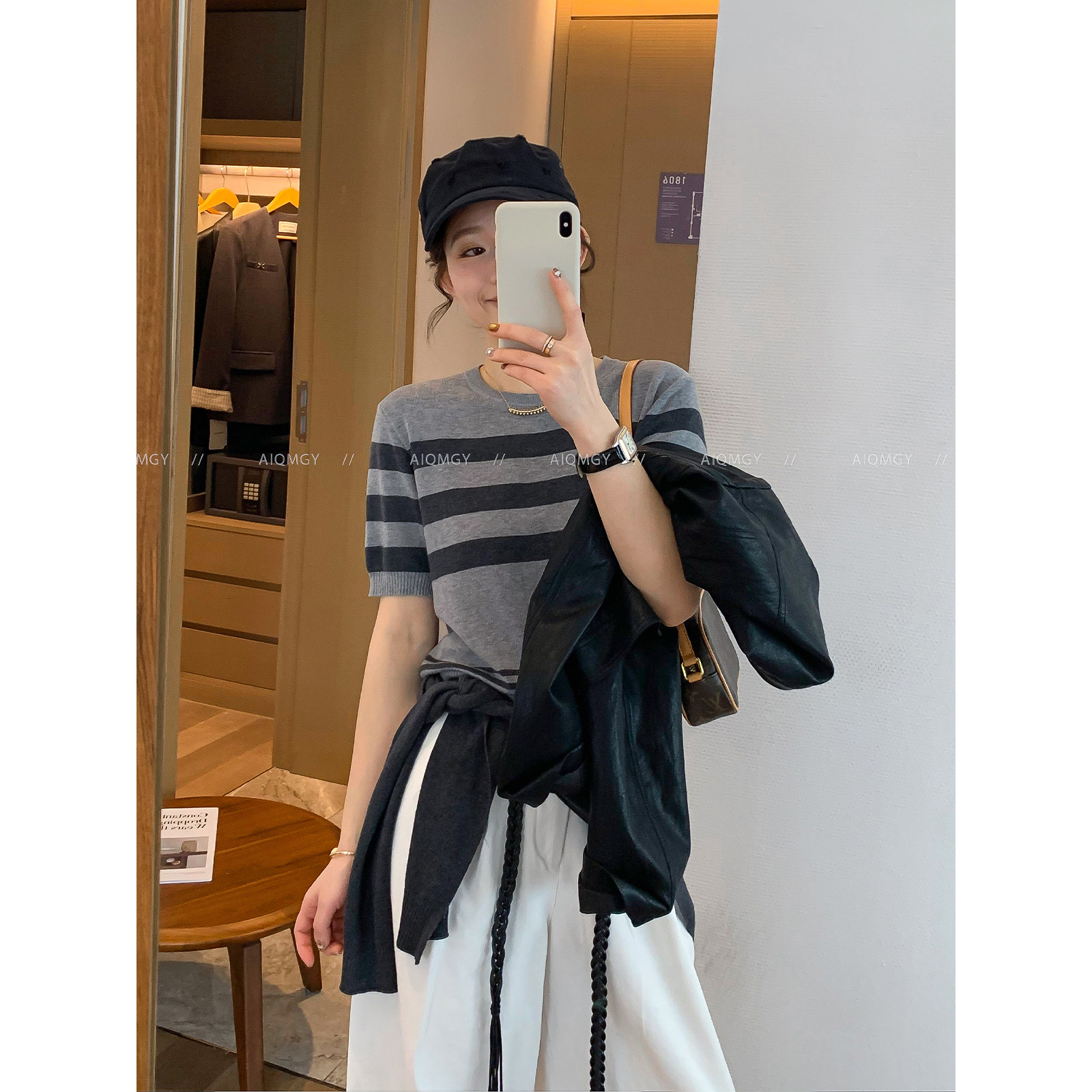 爱情魔鬼鱼 短袖圆领条纹针织衫女2026春季新款韩系时尚披肩上衣