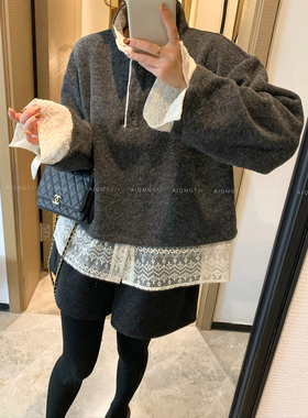 爱情魔鬼鱼 深灰色半高领蕾丝拼接假两件卫衣女2025冬季新款上衣